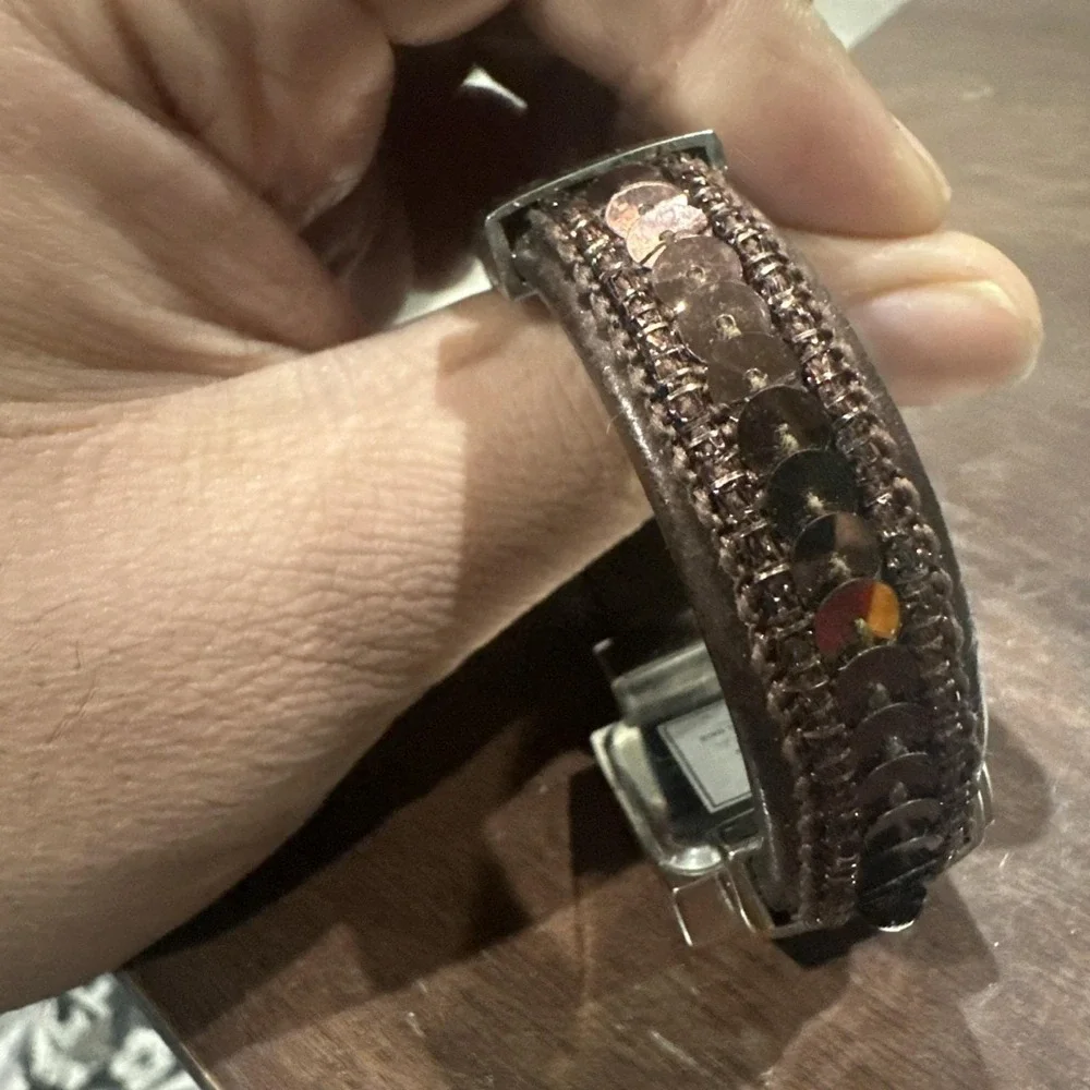 Working GENEVA Elite Watch Womens Silver Square 27mm Brown Fancy Cuff Band Fit 6
